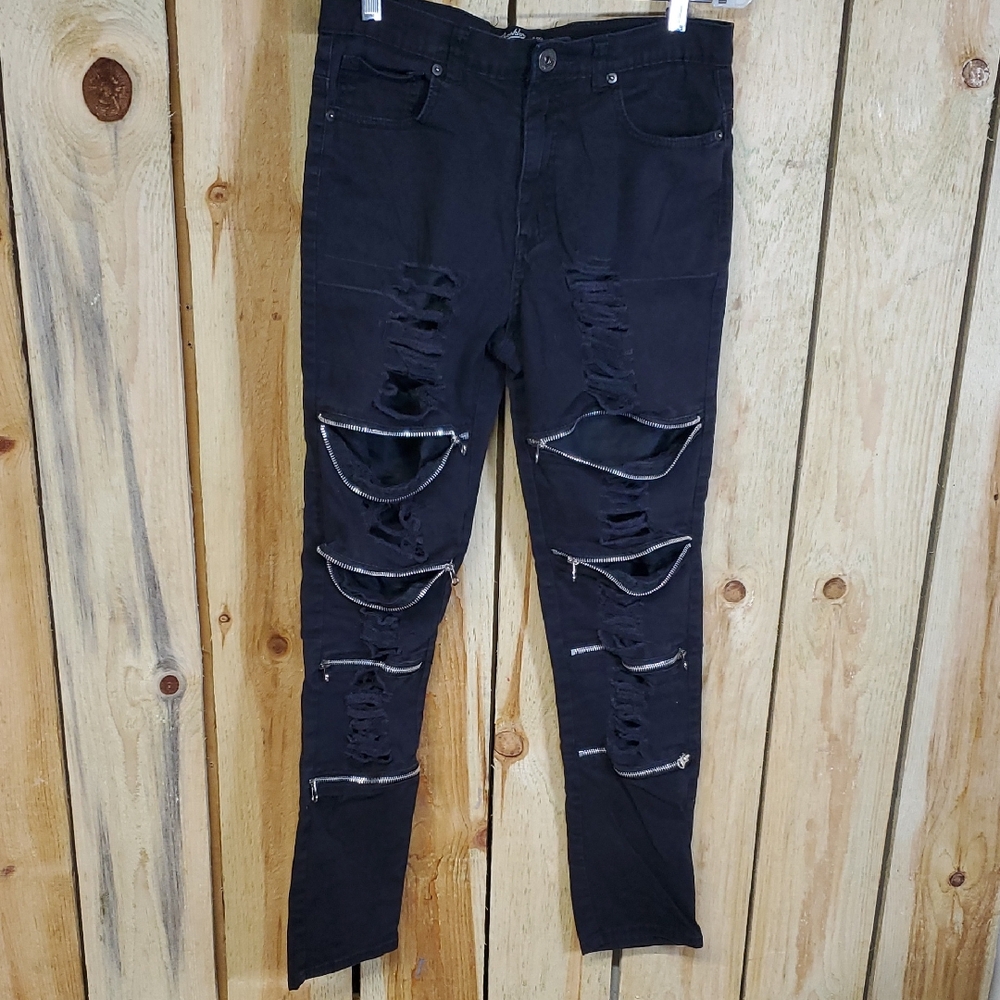 Mens Brooklyn Clothing Mfg. Co. Black Zippered Distressed Jesns Size 32X32
